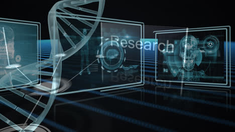 Animation-of-scientific-data-on-screens,-dna-and-connections-over-black-background