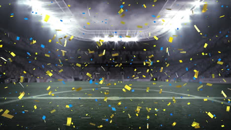 Animation-of-yellow-and-blue-confetti-falling-against-sports-stadium