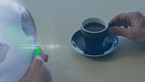 Animation-Eines-Globus-über-Einer-Hand,-Die-Eine-Tasse-Kaffee-Hält