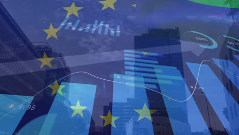 Animation-of-european-union-flag-over-graphs-and-office-buildings