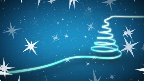 Animation-of-stars-floating-and-snow-falling-over-ribbon-forming-a-christmas-tree-on-blue-background