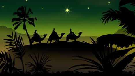 Animation-of-silhouette-of-three-wise-men-over-green-background