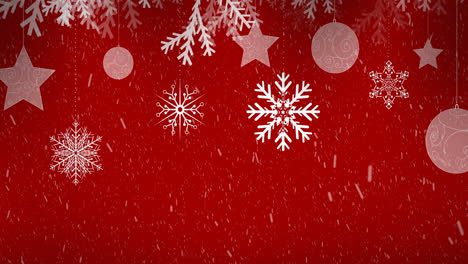 Animation-of-snow,-with-snowflakes-and-christmas-decorations-on-red-background