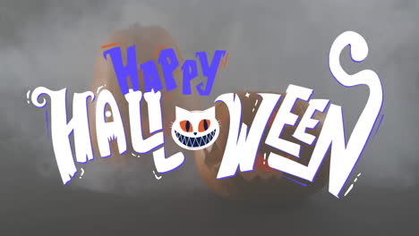 Animation-Eines-Fröhlichen-Halloween-Textbanners-Gegen-Raucheffekt-über-Gruseligen-Geschnitzten-Kürbissen