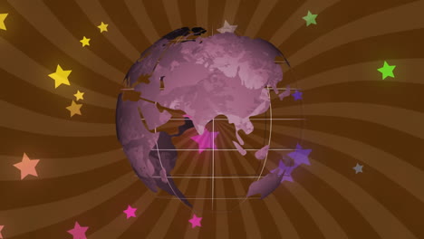 Animation-of-spinning-globe-and-glowing-stars-icons-floating-against-brown-radial-background