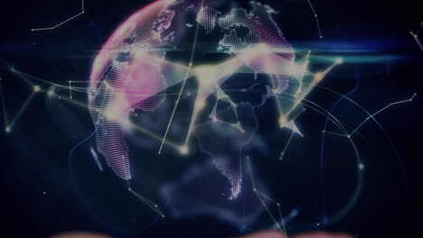 Animation-Eines-Globus-Aus-Plexus-Netzwerken,-Der-Sich-über-Einer-Hohlen-Hand-Vor-Blauem-Hintergrund-Dreht