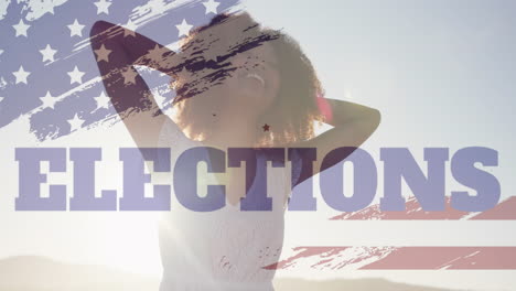 Animation-of-usa-flag-effect-and-elections-text-against-african-american-woman-enjoying-at-the-beach