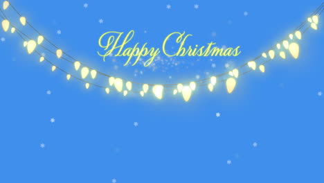 Animation-Von-Weißen-Partikeln-über-Einem-Fröhlichen-Weihnachtstext-Und-Lichterketten-Vor-Blauem-Hintergrund