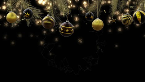 Christmas-tree-with-swinging-black-and-gold-baubles-over-gold-stars-on-black-background,-copy-space