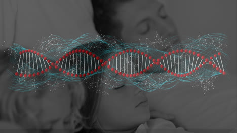 Animación-De-La-Cadena-De-ADN-Y-Procesamiento-De-Datos-Sobre-Un-Padre-Caucásico-Con-Niños-Durmiendo