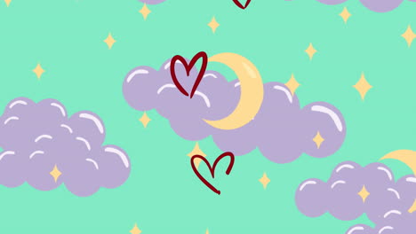 Animation-of-red-hearts-and-clouds-with-stars-on-green-background