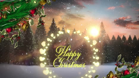 Animation-of-snow-falling-over-happy-christmas-text-banner-and-fairy-lights-against-winter-landscape
