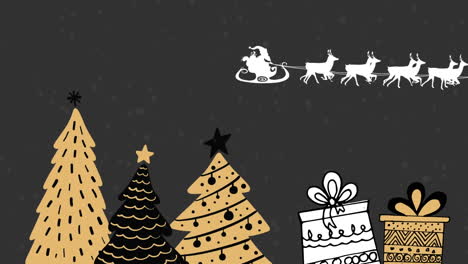 Animation-Des-Weihnachtsmanns-Im-Schlitten,-Der-Von-Rentieren-über-Weihnachtsbaum--Und-Geschenksymbole-Gezogen-Wird