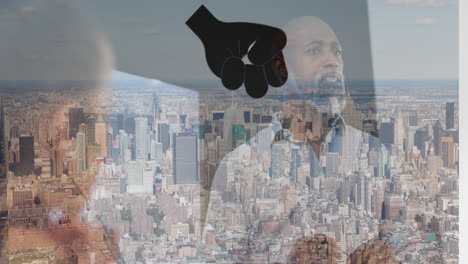 Animation-of-hand-icon-over-african-american-man-in-office-and-cityscape