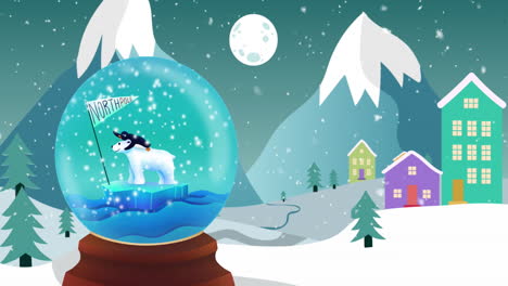 Animation-of-snow-globe-christmas-decorations-over-winter-landscape