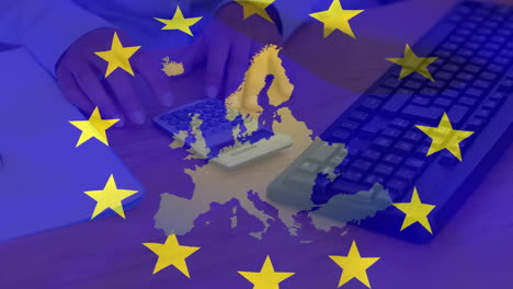 Animation-of-waving-eu-flag-over-eu-map-against-mid-section-of-a-man-using-a-calculator