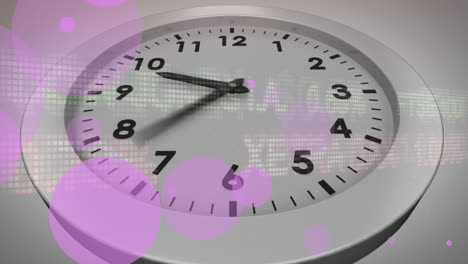 Animation-of-stock-maket-data-processing-and-purple-spots-against-close-up-of-a-ticking-clock