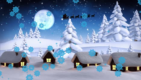 Animation-of-christmas-santa-claus-in-sleigh-with-reindeer-in-winter-scenery