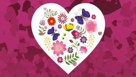 Animation-of-multiple-hearts-over-heart-with-flowers-on-pink-background