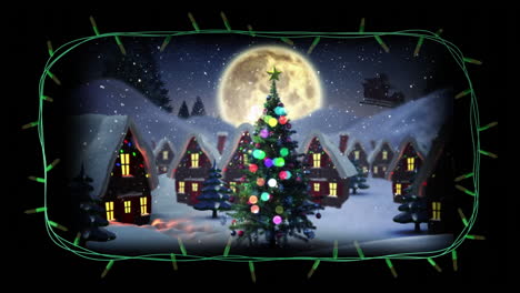 Frame-of-yellow-string-lights-flashing-over-christmas-village-scene-with-santa-in-sleigh