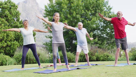 Eine-Vielfältige-Gruppe-Männlicher-Und-Weiblicher-Senioren-Praktiziert-Gemeinsam-Yoga-Im-Sonnigen-Garten,-Zeitlupe