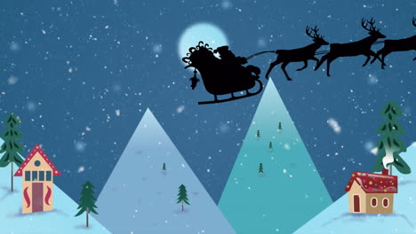 Animation-of-snow-falling-over-santa-claus-in-sleigh-pulled-by-reindeers-and-winter-landscape