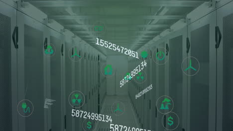 Animation-of-multiple-changing-numbers-and-digital-icons-floating-against-computer-server-room