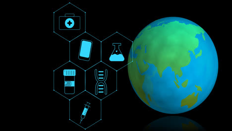 Animation-Medizinischer-Symbole-Und-Globus-Auf-Schwarzem-Hintergrund