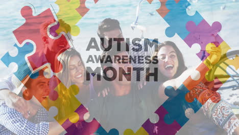 Animation-of-autism-awareness-month-text-and-puzzle-pieces-and-diverse-friends
