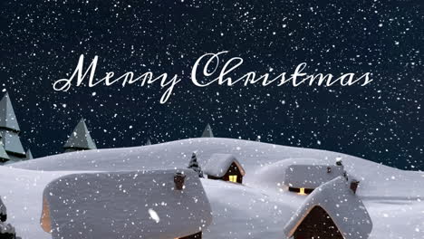 Animation-of-snow-falling-over-merry-christmas-text-banner-against-winter-landscape