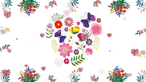 Animation-Mehrerer-Blumenherzen-über-Sich-Bewegenden-Blumen-Auf-Weißem-Hintergrund