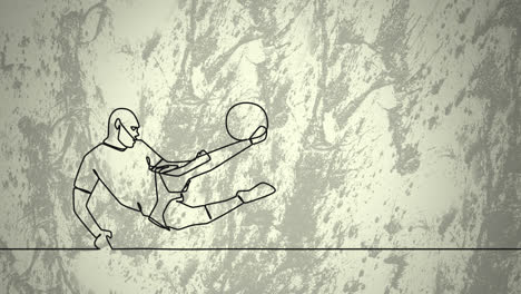 Animation-Der-Zeichnung-Eines-Männlichen-Fußballspielers,-Der-Einen-Ball-Kickt,-Und-Formen-Auf-Grauem-Hintergrund