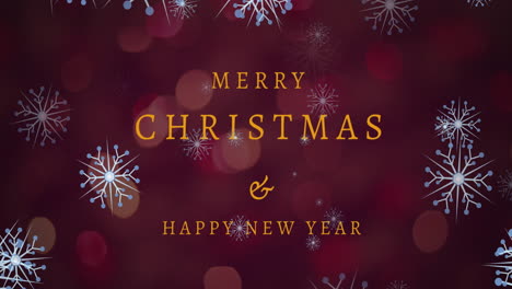 Animation-of-snowflakes-over-merry-christmas-and-new-year-text-banner-against-red-spots-of-light