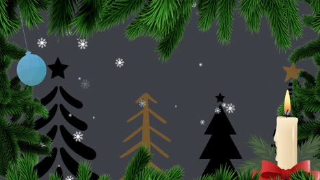 Animation-of-snowflakes,-christmas-tree-leaves,-candle-and-trees-drawings-over-abstract-background