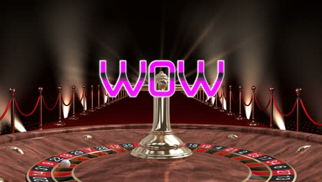 Animation-of-wow-text-banner-over-roulette-and-red-carpet-and-golden-barriers