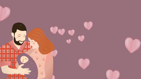 Animation-of-caucasian-parents-with-baby-over-pink-background-with-hearts