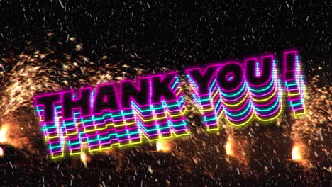 Animation-of-white-particles-falling-over-neon-thank-you-text-banner-against-light-sparks