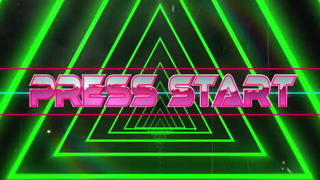 Animation-of-press-start-text-banner-against-neon-green-triangular-tunnel-in-seamless-pattern