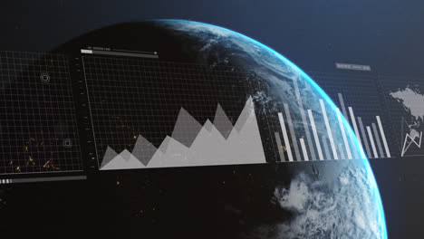 Animation-Von-Statistiken-Und-Datenverarbeitung-über-Dem-Erdglobus-Auf-Blauem-Hintergrund