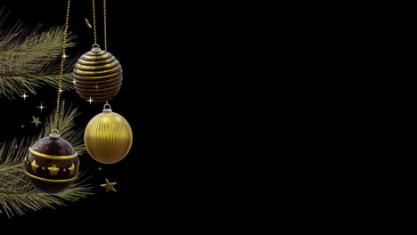 Black-and-gold-baubles-swinging-on-christmas-tree-with-gold-stars-on-black-background,-copy-space