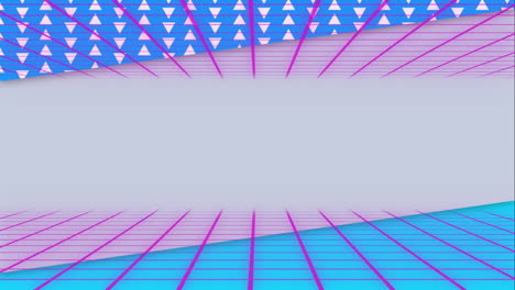 Animation-of-pink-grid-over-pink-and-blue-with-white-triangles-on-blue-and-central-grey-space