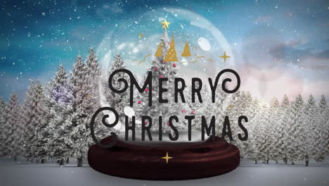 Animation-Des-Textes-„Frohe-Weihnachten“-über-Schneekugel-Weihnachtsdekorationen