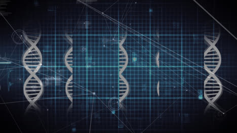 Animation-of-scientific-data,-dna-and-connections-over-black-background
