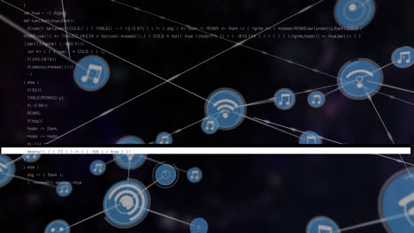 Animation-of-moving-lines,-connected-icons-over-computer-language-against-abstract-background