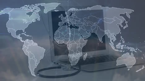 Animation-of-world-map-and-network-of-connections-over-laptop