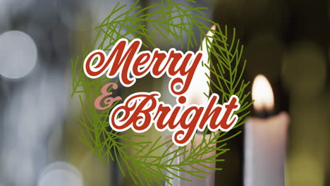 Animation-of-merry-and-bright-text-over-lit-candles-background