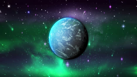 Animation-of-blue-planet-over-violet-and-green-space-with-stars