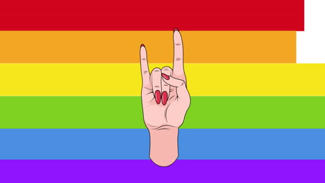 Animation-of-caucasian-hand-with-red-nails-making-rock-horns-sign-over-rainbow-stripe-background