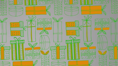 Animation-of-green-and-orange-presents-on-grey-background