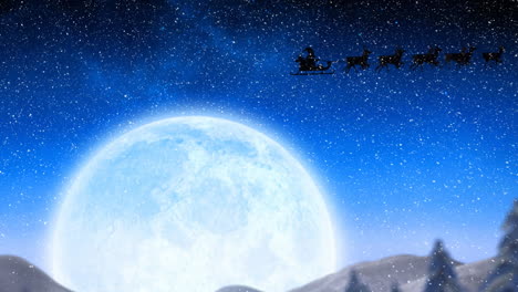 Animation-of-snow-falling-on-santa-claus-in-sleigh-being-pulled-by-reindeers-and-moon-in-night-sky